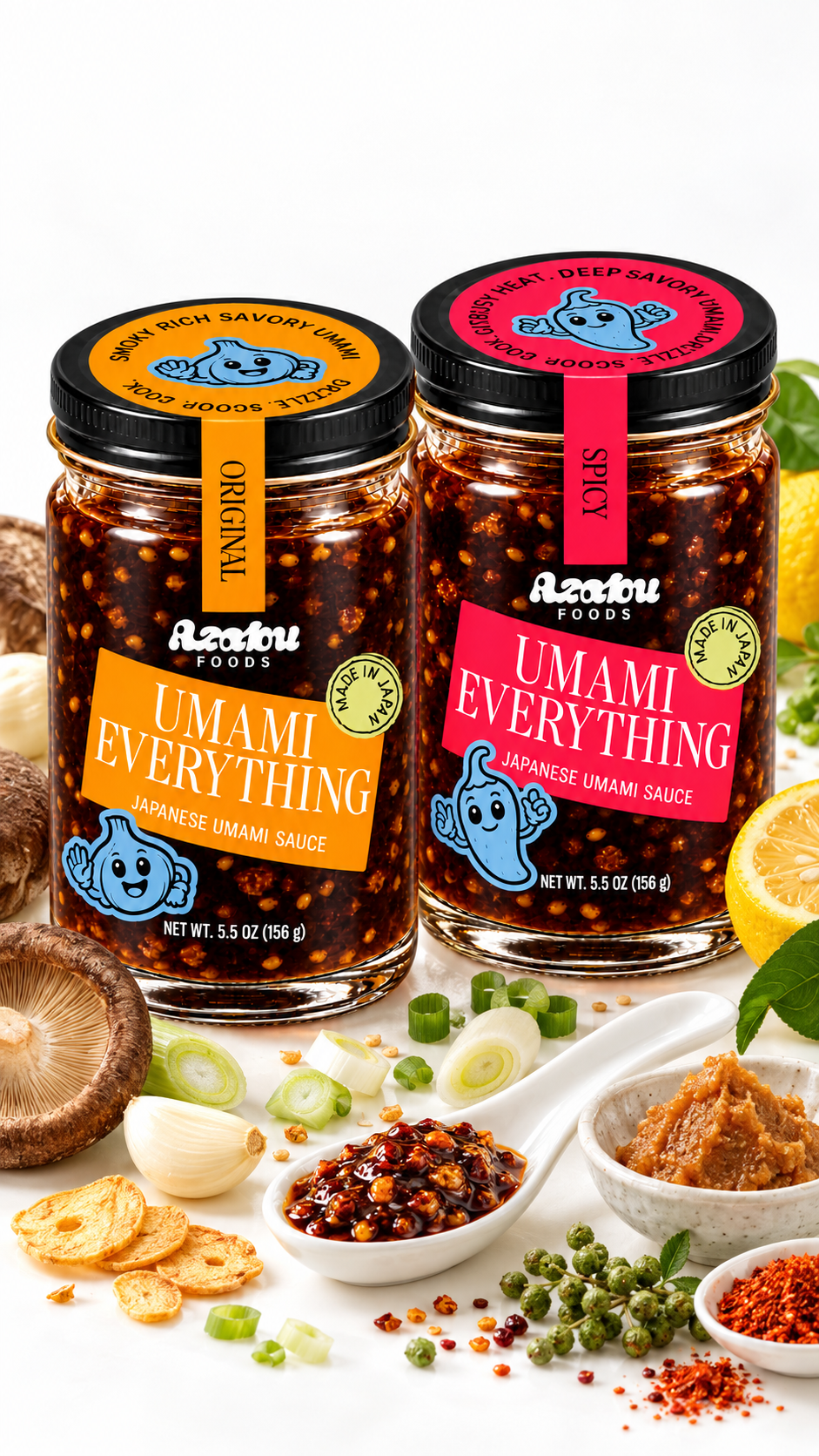 Original and Spicy Umami Everything jars with shiitake, garlic, yuzu, and Japanese ingredients on white