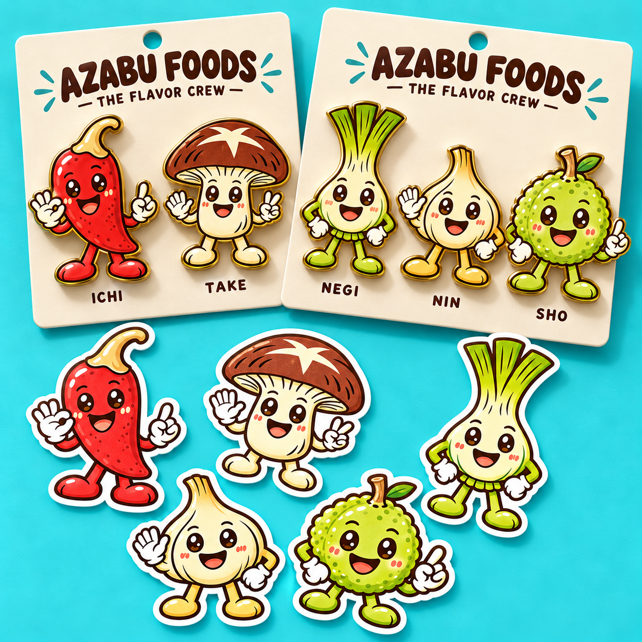 Concept enamel pins and die-cut stickers of Ichi, Take, Negi, Nin and Sho on turquoise