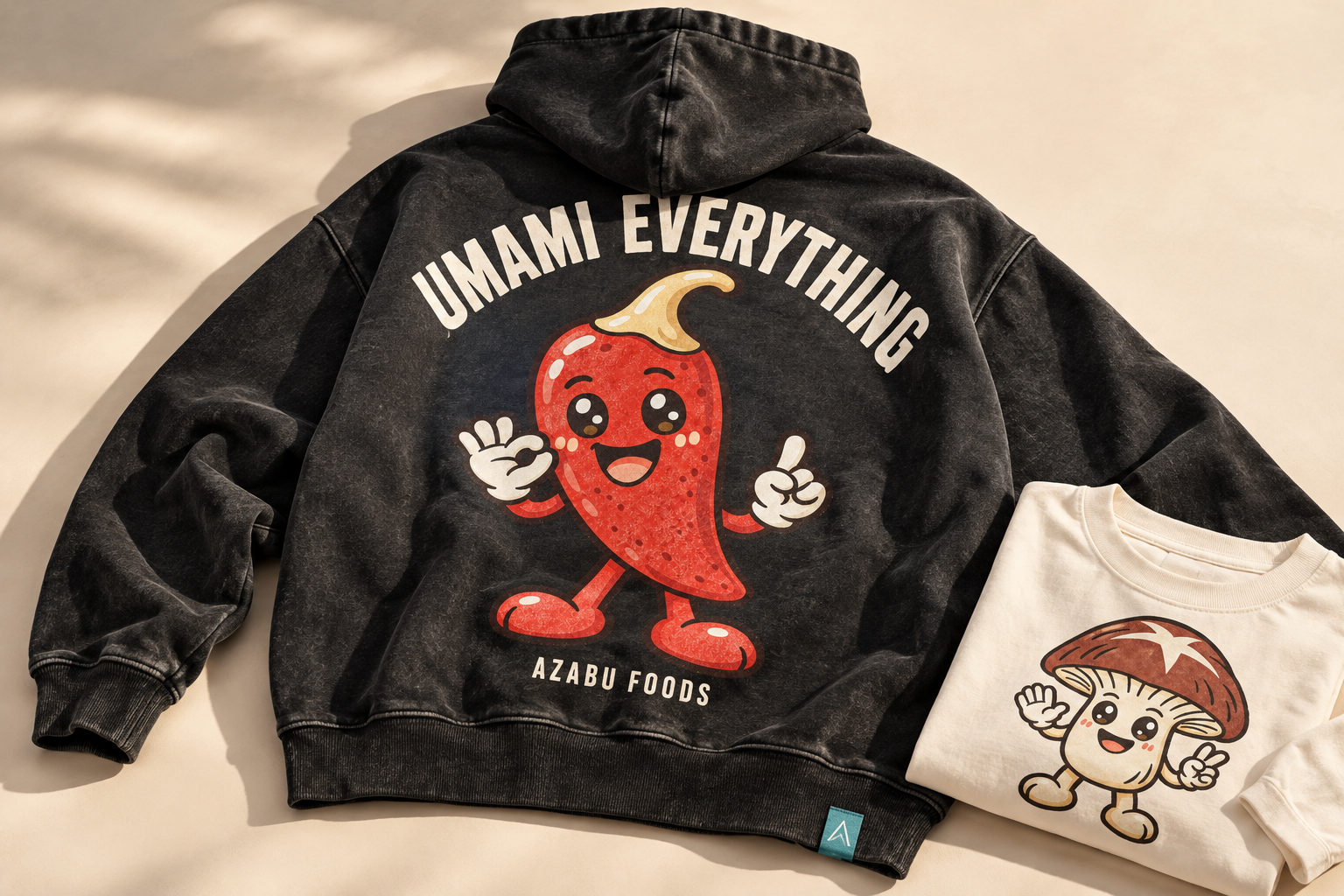 Concept washed-black hoodie with a large Ichi chili back print, beside a folded cream Take shirt