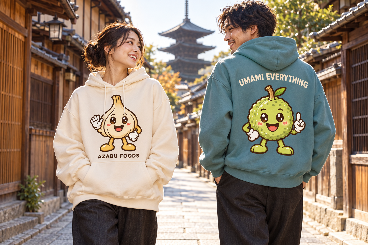 AI concept of adult models wearing cream and turquoise Azabu Foods hoodies on a Kyoto street